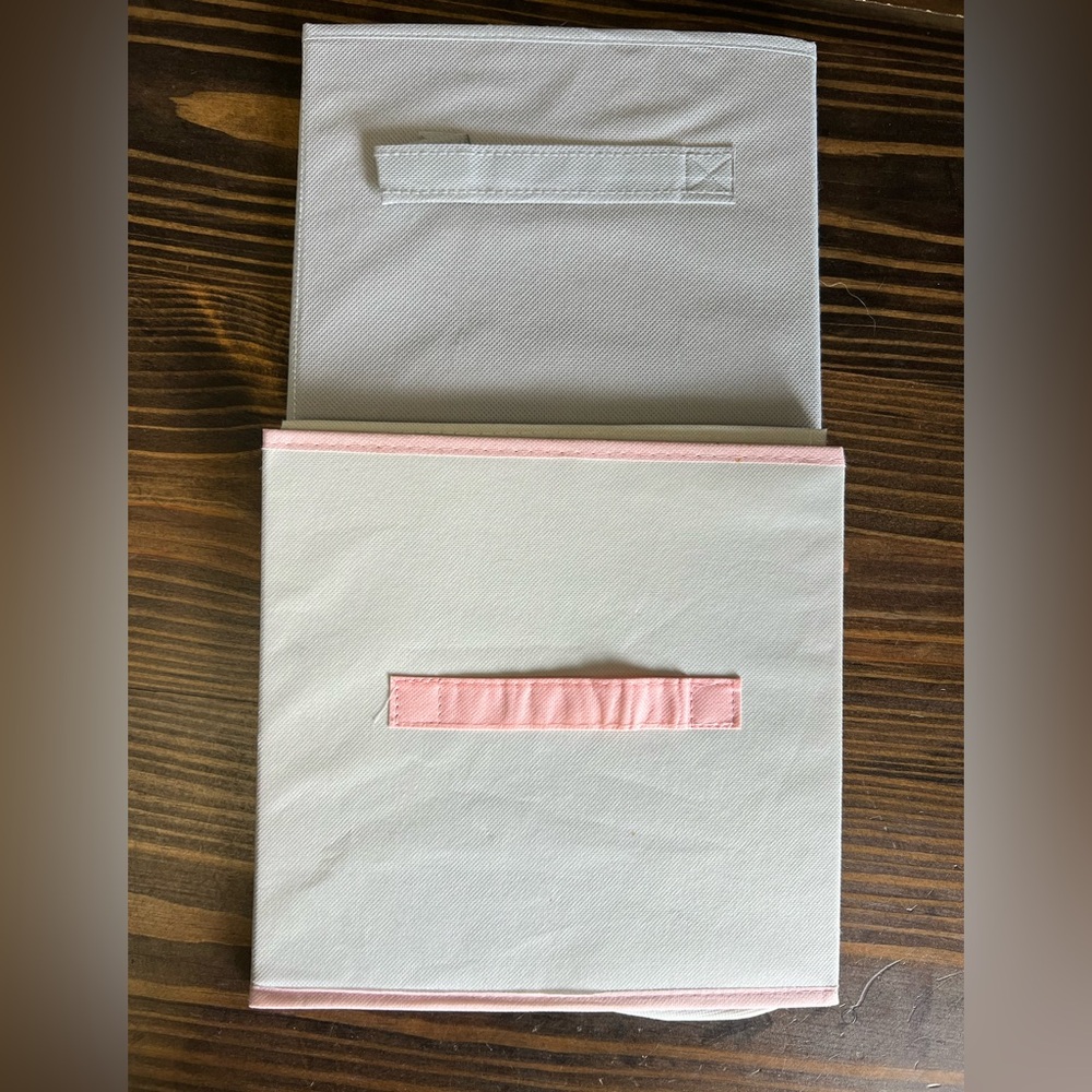 Foldable Storage Bin- Set of 2 (gray and tan with pink accents)